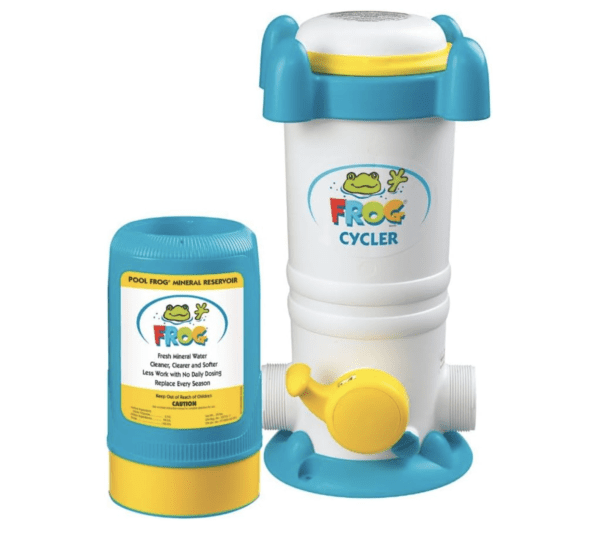 A blue and yellow Pool FROG Model 6100 Cycler and Pool FROG Model 6100 Mineral Reservoir, All-in-One Sanitizing System with FROG Minerals for Pools up to 25,000 gallons water bottle with a blue lid.